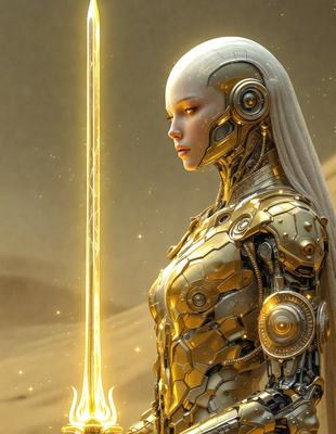 The primary subject of the image is a woman wearing a futuristic, metallic outfit. She is standing in front of a backdrop of a desert, which adds to the overall atmosphere of the scene. The visual style of the image is digital art, as it appears to be a computer-generated or digitally rendered image. The colors and mood of the image are predominantly gold and futuristic, creating a sense of technological advancement and a connection to the desert environment.
